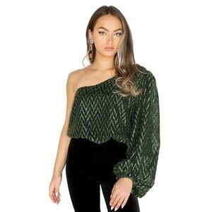 ASTR the Label Women's Ellen Draped Off Shoulder Top in Metallic Green Size XS